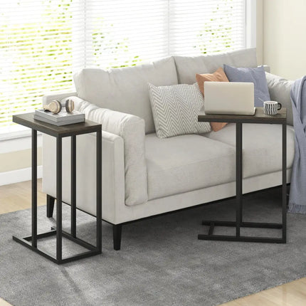 C-shaped Side Table with Heavy-duty Metal Frame-Oak - Oak - End & Side Tables
