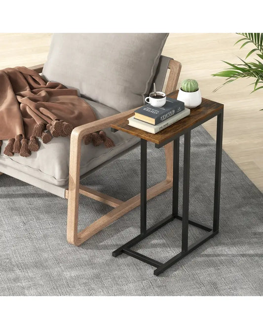 C-shaped Side Table with Heavy-duty Metal Frame-Rustic Brown - Rustic Brown - End & Side Tables