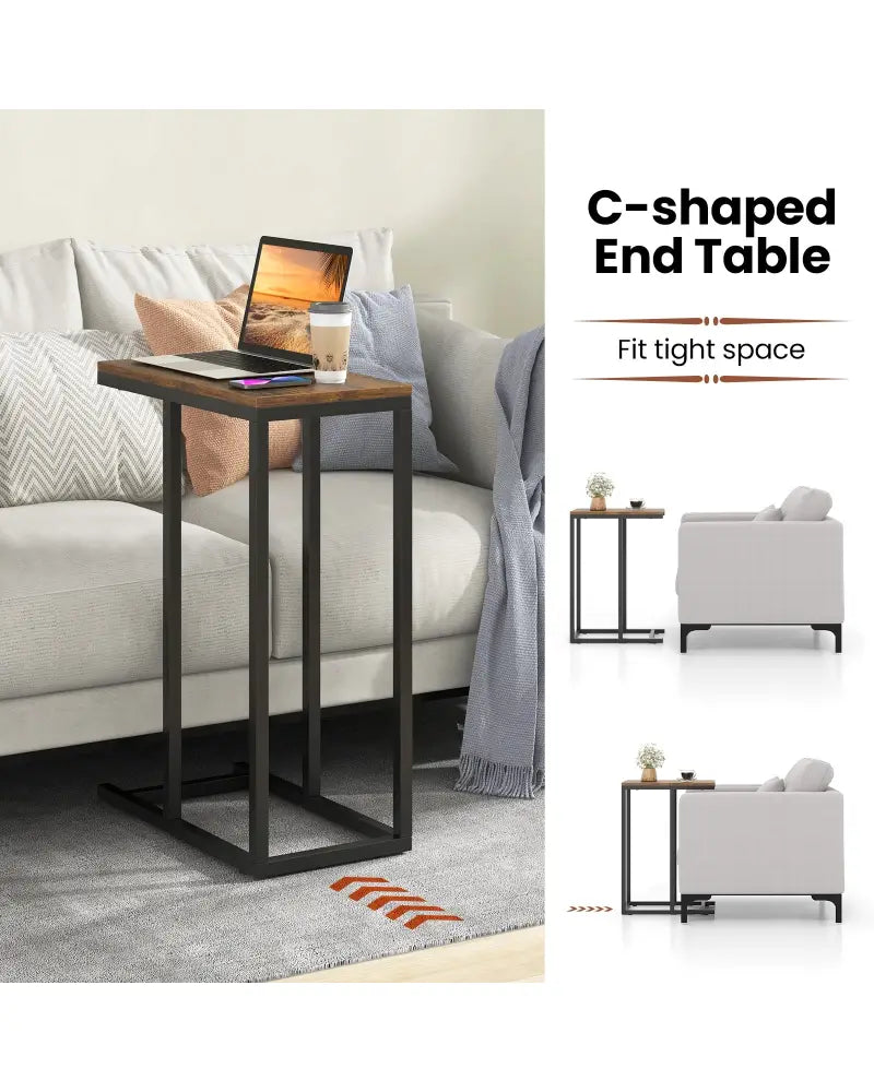 C-shaped Side Table with Heavy-duty Metal Frame-Rustic Brown - Rustic Brown - End & Side Tables