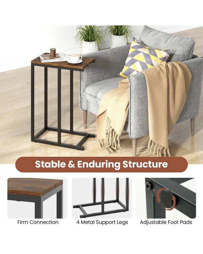 C-shaped Side Table with Heavy-duty Metal Frame-Rustic Brown - Rustic Brown - End & Side Tables