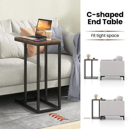 C-shaped Side Table with Heavy-duty Metal Frame-Rustic Brown - Rustic Brown - End & Side Tables