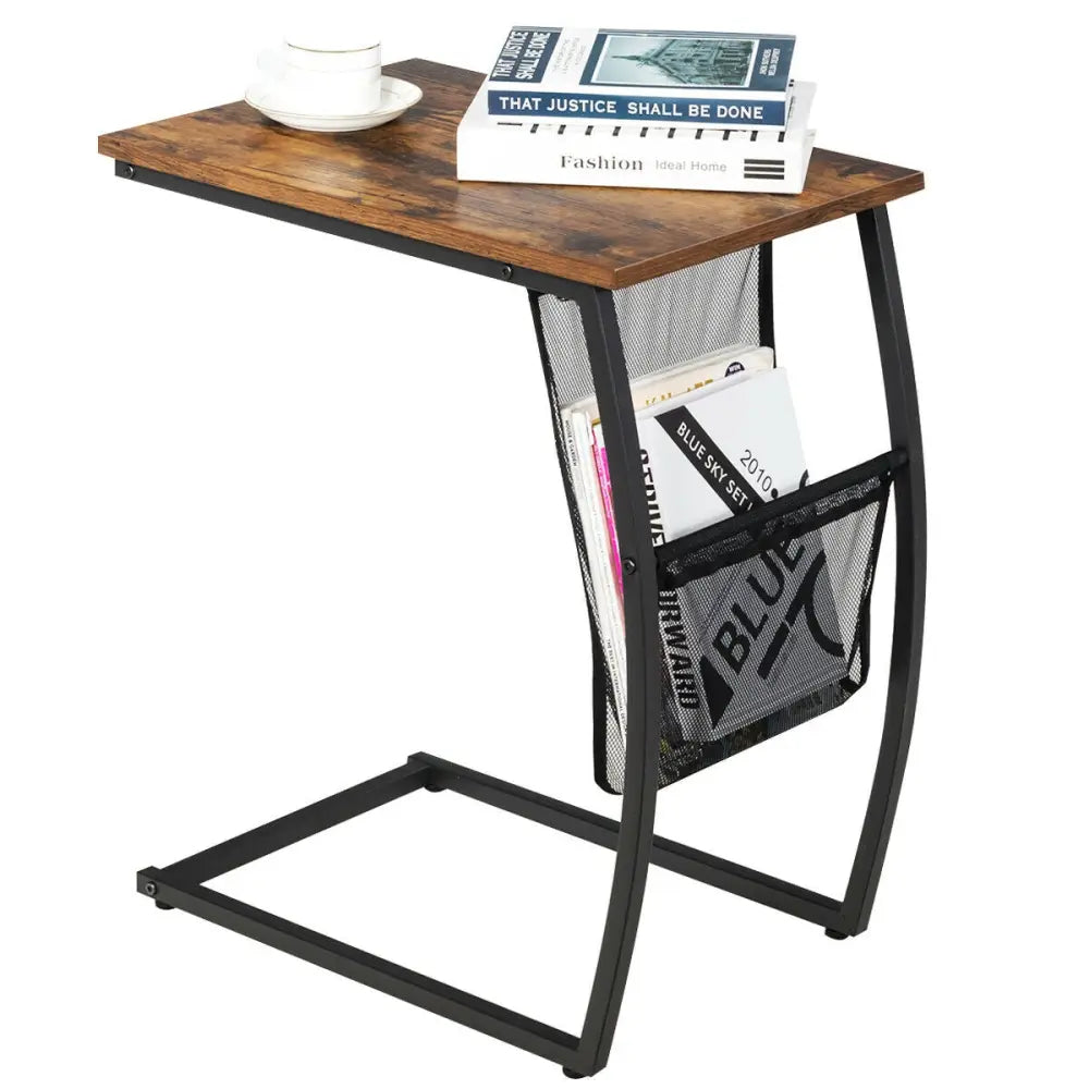 C-shaped Vintage End Table with Side Pocket and Metal Frame - Rustic Brown - End & Side Tables
