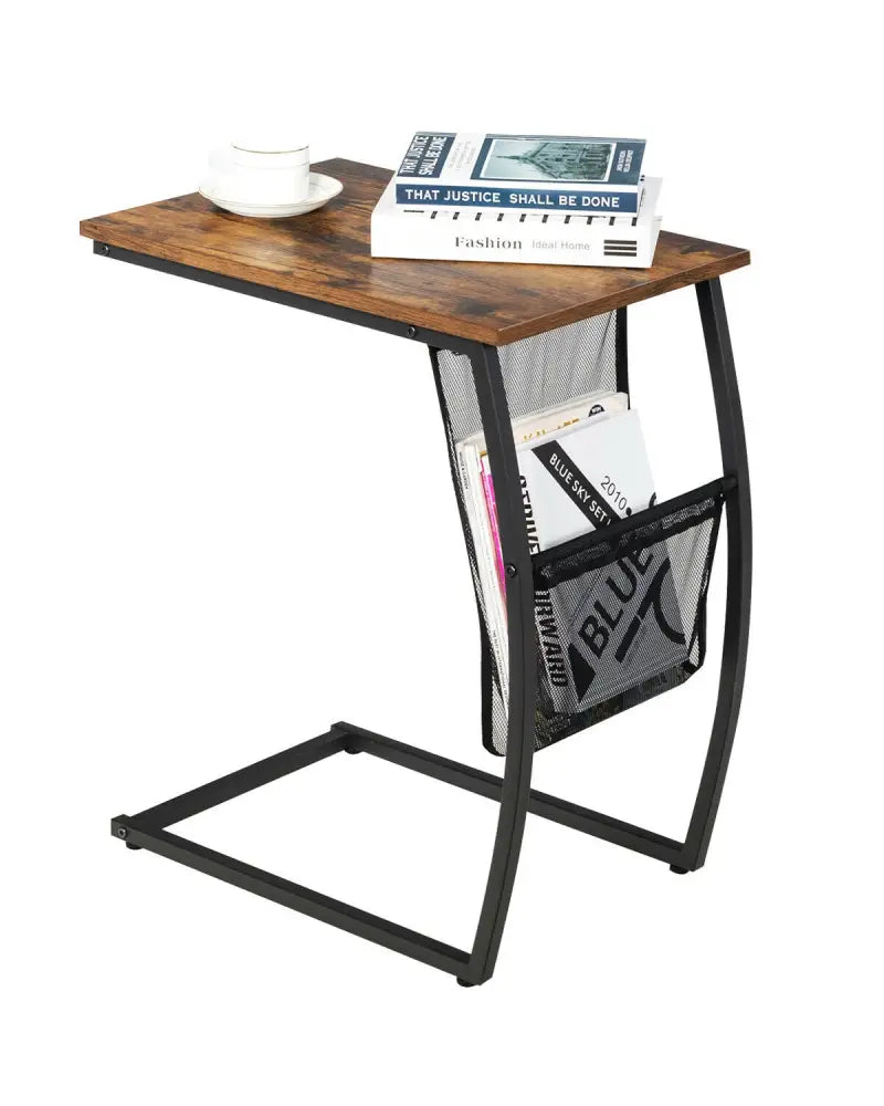 C-shaped Vintage End Table with Side Pocket and Metal Frame - Rustic Brown - End & Side Tables