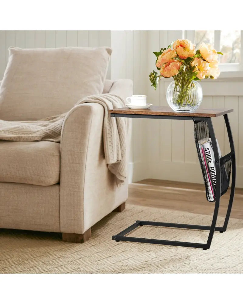 C-shaped Vintage End Table with Side Pocket and Metal Frame - Rustic Brown - End & Side Tables