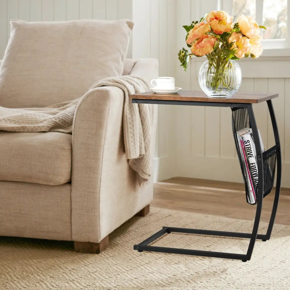 C-shaped Vintage End Table with Side Pocket and Metal Frame - Rustic Brown - End & Side Tables