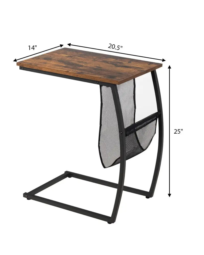 C-shaped Vintage End Table with Side Pocket and Metal Frame - Rustic Brown - End & Side Tables