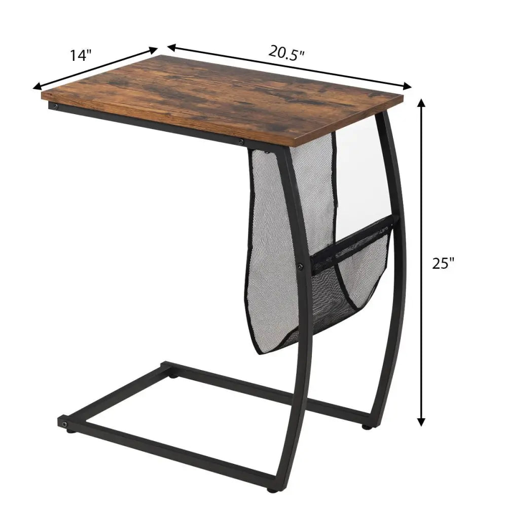 C-shaped Vintage End Table with Side Pocket and Metal Frame - Rustic Brown - End & Side Tables