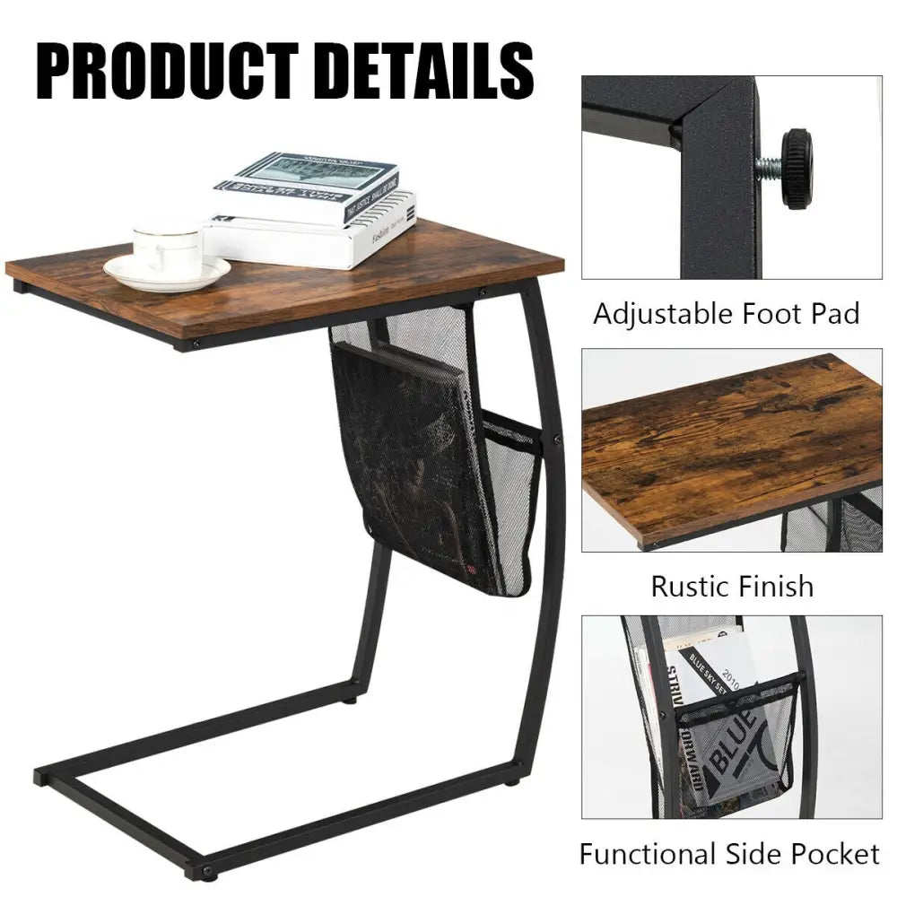 C-shaped Vintage End Table with Side Pocket and Metal Frame - Rustic Brown - End & Side Tables