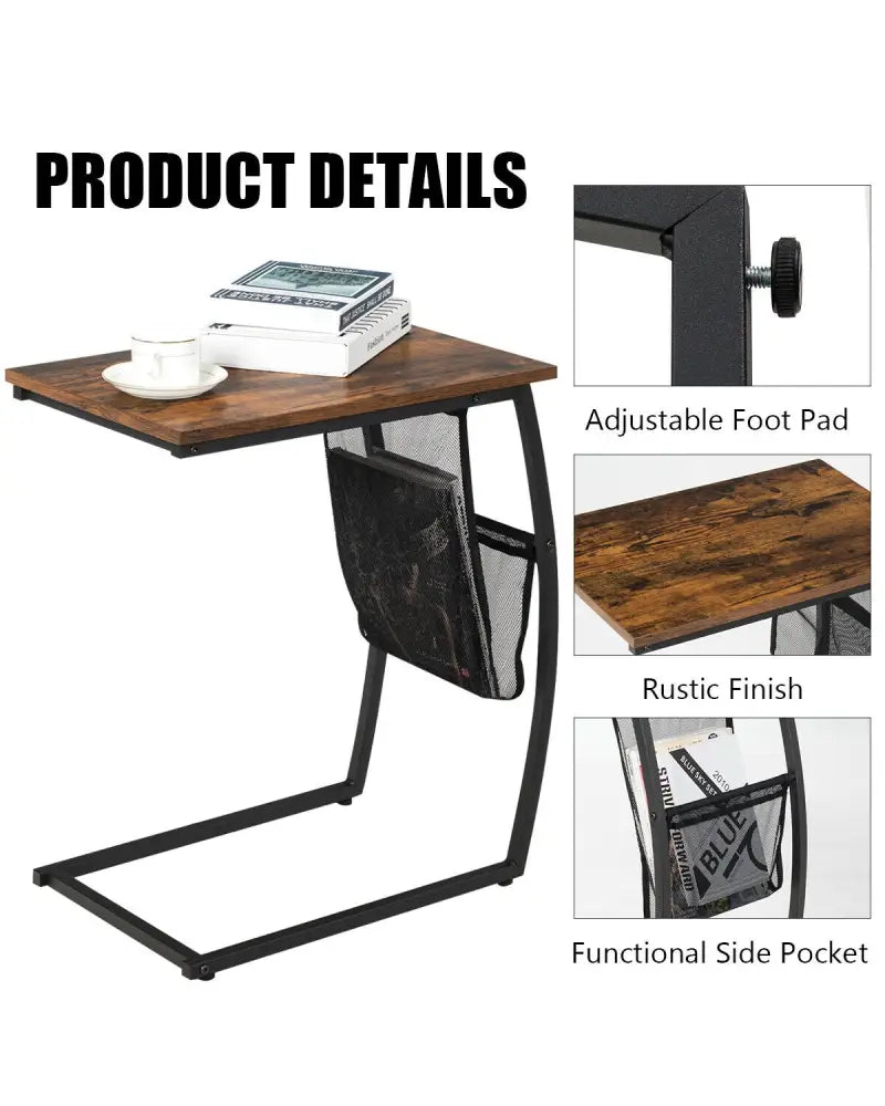 C-shaped Vintage End Table with Side Pocket and Metal Frame - Rustic Brown - End & Side Tables