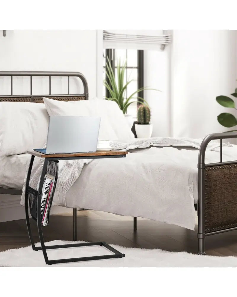 C-shaped Vintage End Table with Side Pocket and Metal Frame - Rustic Brown - End & Side Tables