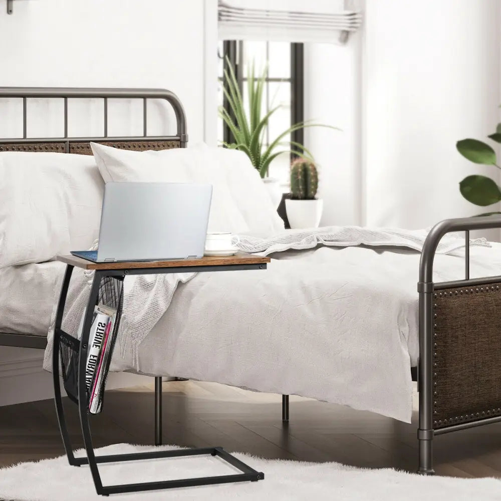 C-shaped Vintage End Table with Side Pocket and Metal Frame - Rustic Brown - End & Side Tables