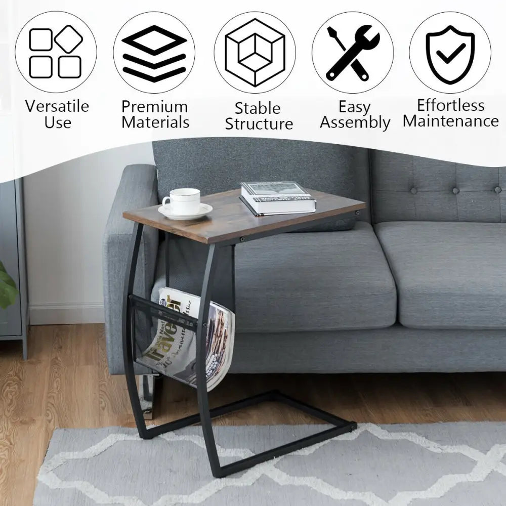 C-shaped Vintage End Table with Side Pocket and Metal Frame - Rustic Brown - End & Side Tables