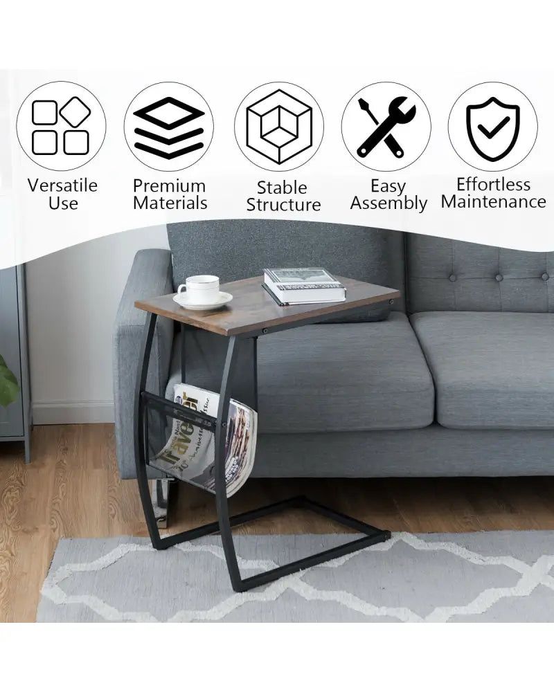 C-shaped Vintage End Table with Side Pocket and Metal Frame - Rustic Brown - End & Side Tables