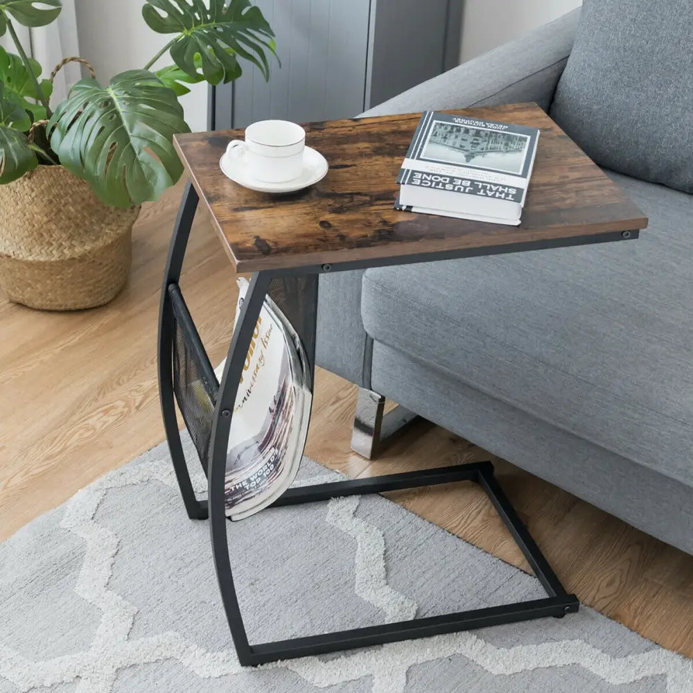 C-shaped Vintage End Table with Side Pocket and Metal Frame - Rustic Brown - End & Side Tables