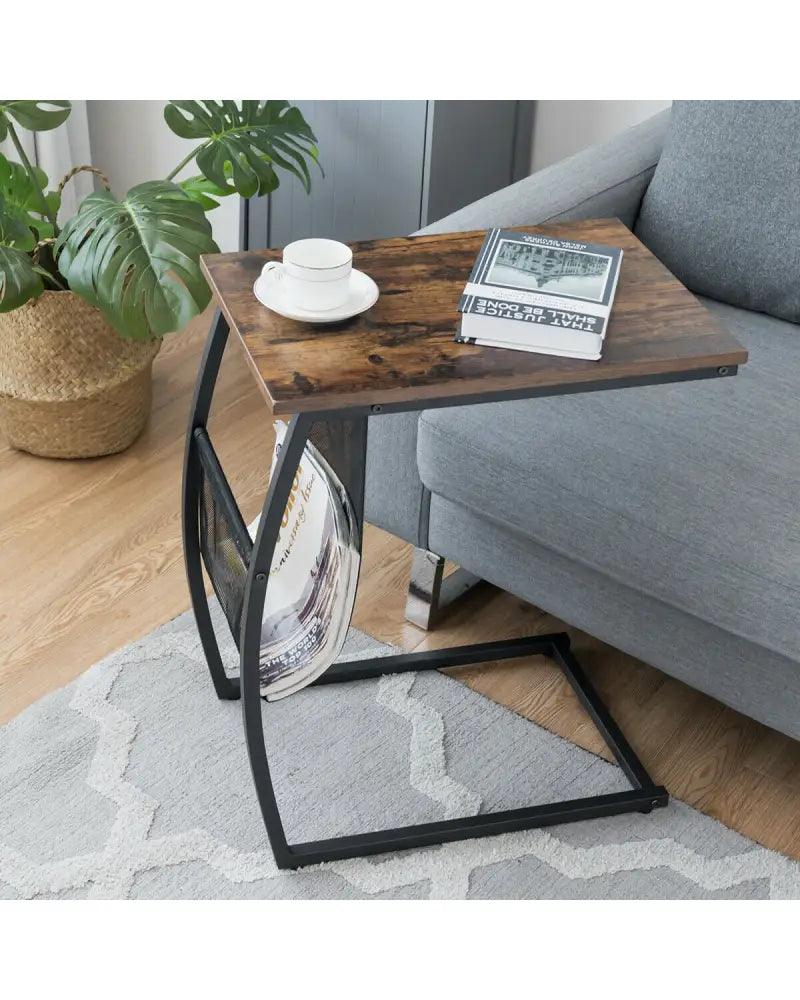 C-shaped Vintage End Table with Side Pocket and Metal Frame - Rustic Brown - End & Side Tables