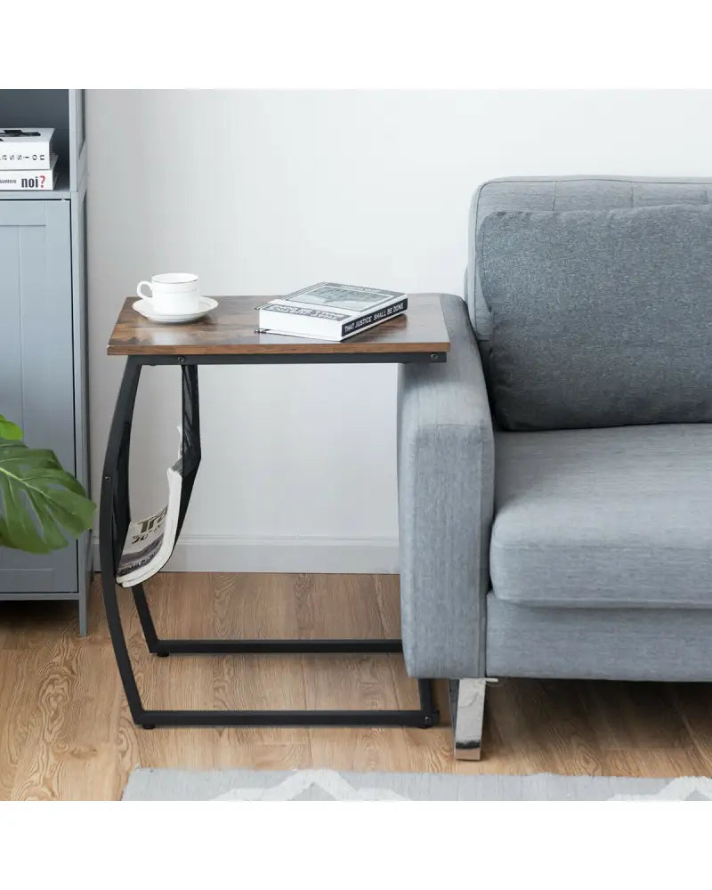 C-shaped Vintage End Table with Side Pocket and Metal Frame - Rustic Brown - End & Side Tables