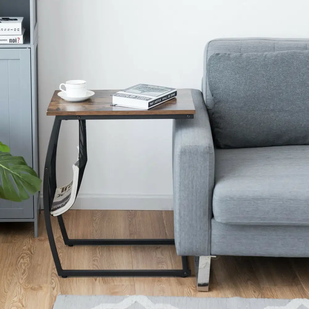 C-shaped Vintage End Table with Side Pocket and Metal Frame - Rustic Brown - End & Side Tables
