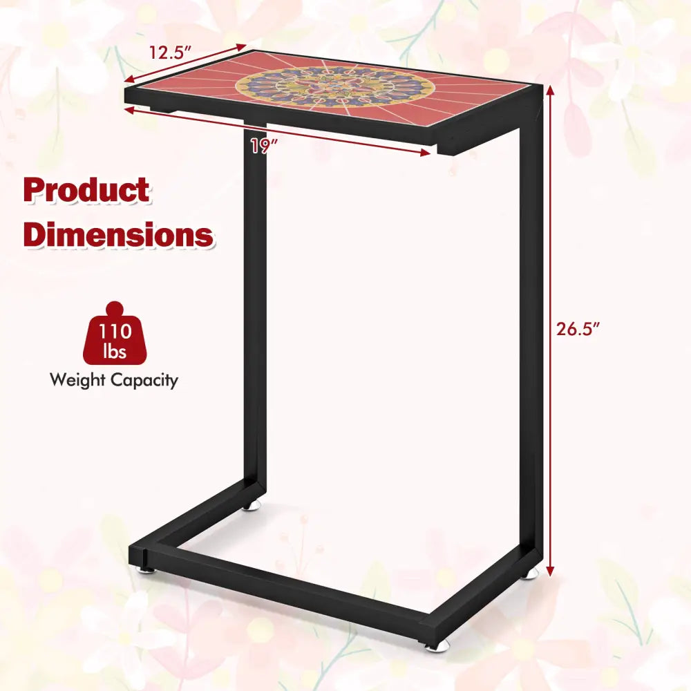 C-shaped Waterproof Outdoor Side End Table with Ceramic Top - Red - Patio Coffee Tables