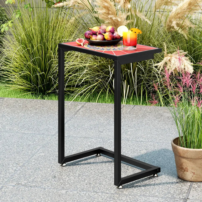 C-shaped Waterproof Outdoor Side End Table with Ceramic Top - Red - Patio Coffee Tables