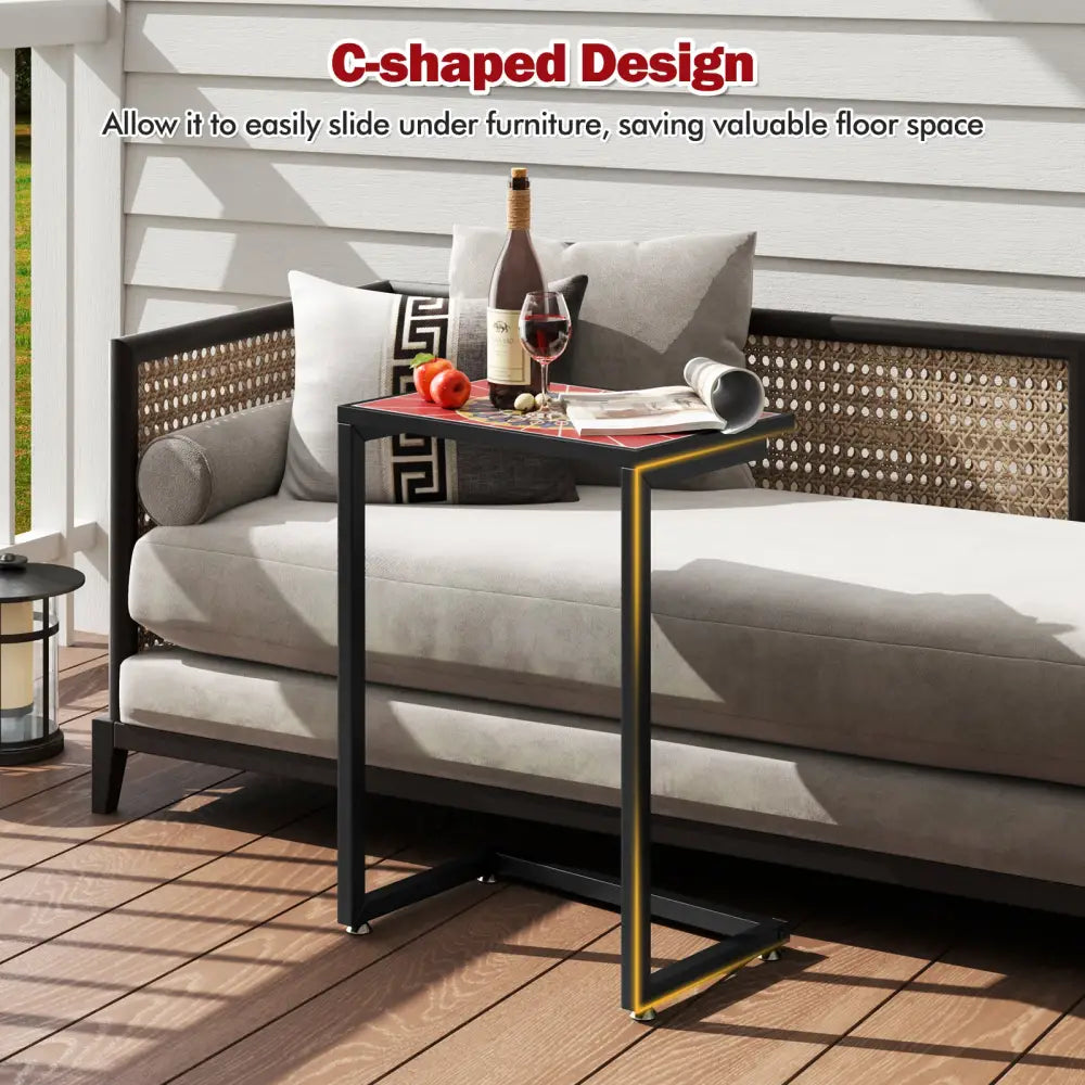 C-shaped Waterproof Outdoor Side End Table with Ceramic Top - Red - Patio Coffee Tables