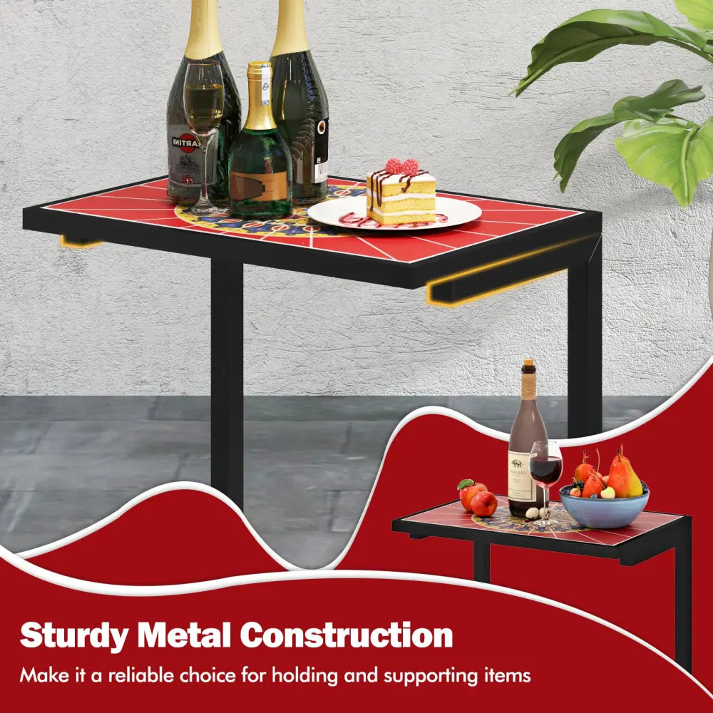 C-shaped Waterproof Outdoor Side End Table with Ceramic Top - Red - Patio Coffee Tables