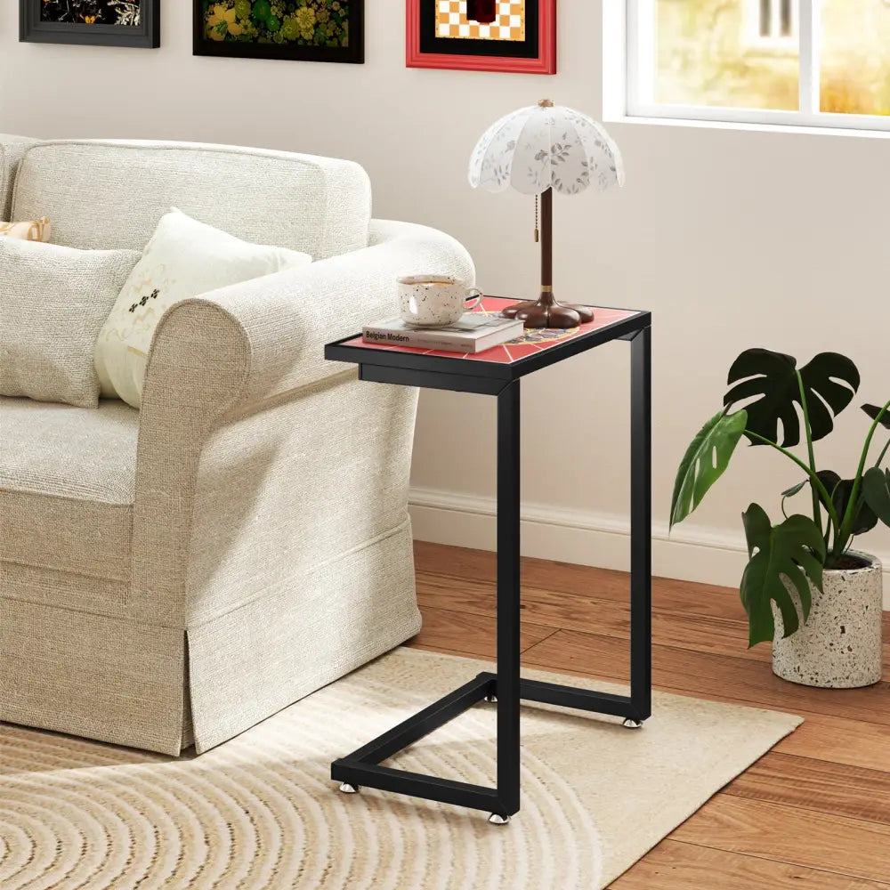 C-shaped Waterproof Outdoor Side End Table with Ceramic Top - Red - Patio Coffee Tables