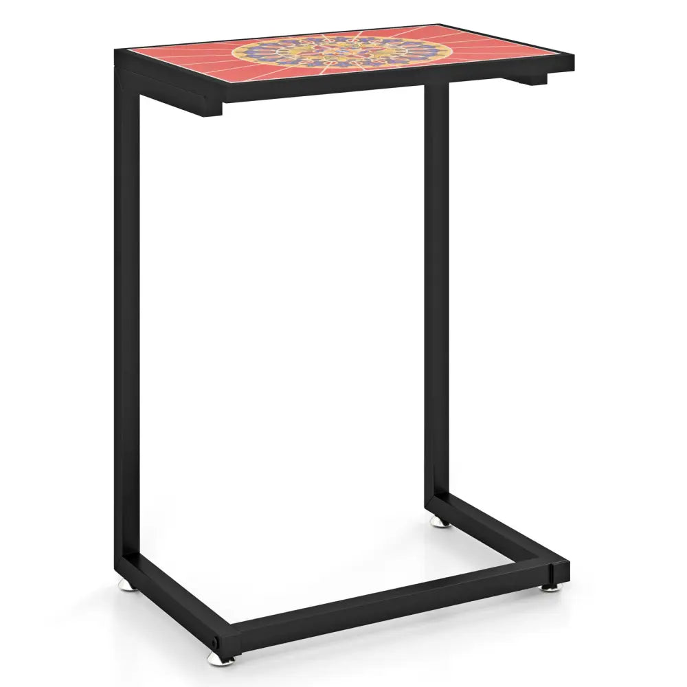 C-shaped Waterproof Outdoor Side End Table with Ceramic Top - Red - Patio Coffee Tables