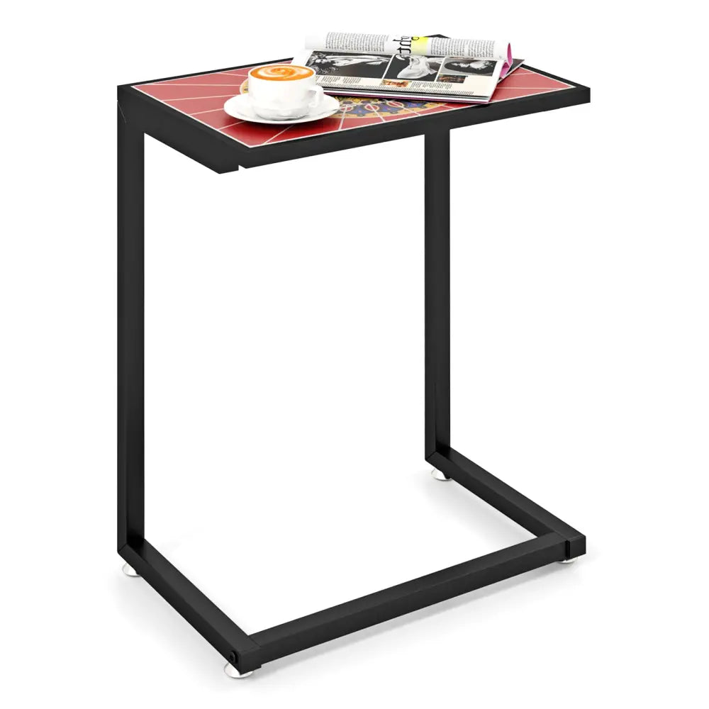 C-shaped Waterproof Outdoor Side End Table with Ceramic Top - Red - Patio Coffee Tables