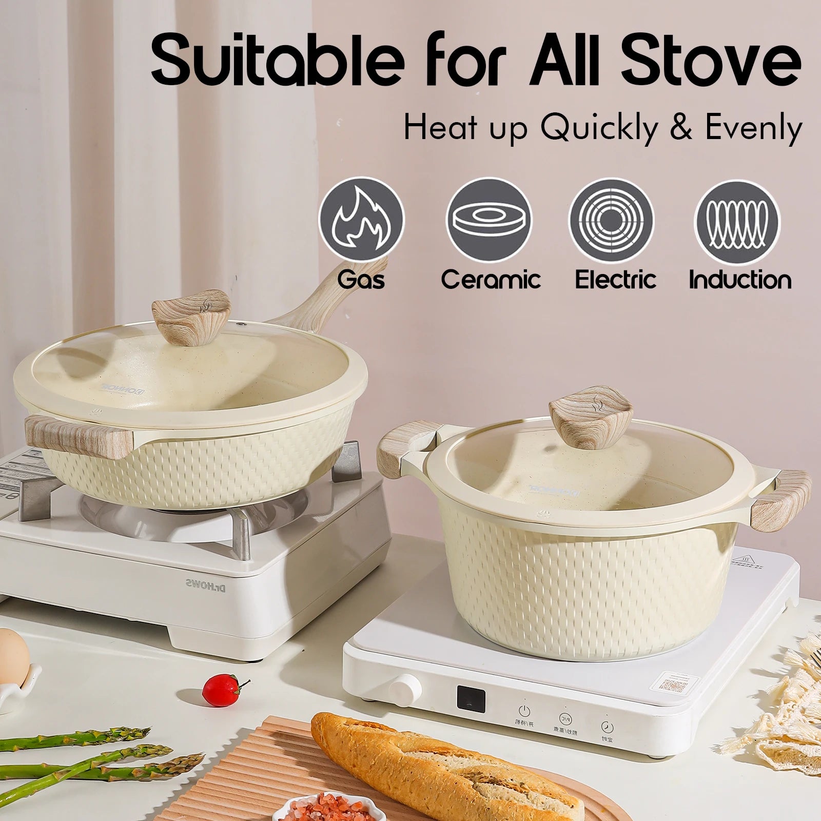 Two ceramic cookware pots on stovetops with text indicating compatibility for various stove types.