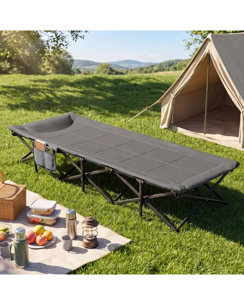 Camping Cot with Padded Pillow and Storage Pouch for Camping Travel-Gray - Gray - Camping Furniture