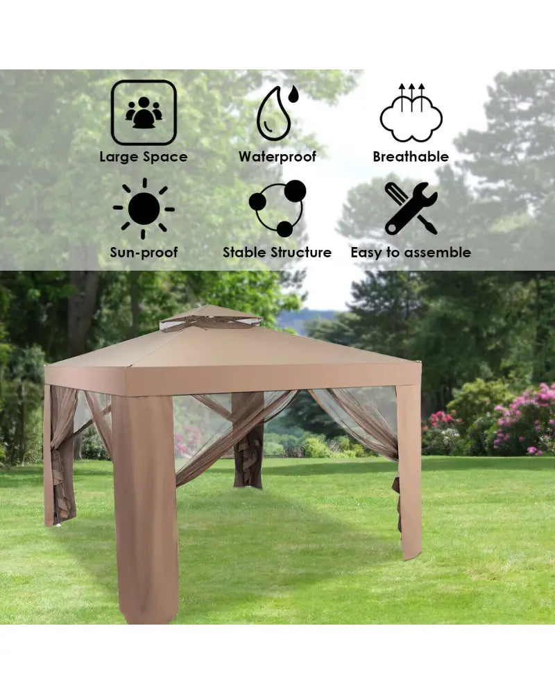 Canopy and Garden Structures Gazebo with Netting for Outdoors-Brown - Brown - Gazebos