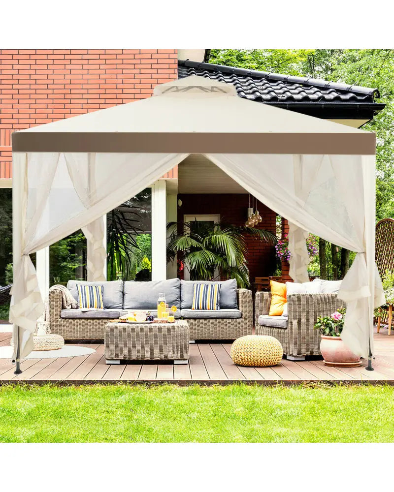 Canopy Gazebo Tent Shelter Garden Lawn Patio with Mosquito Netting-Beige - Beige - Gazebos