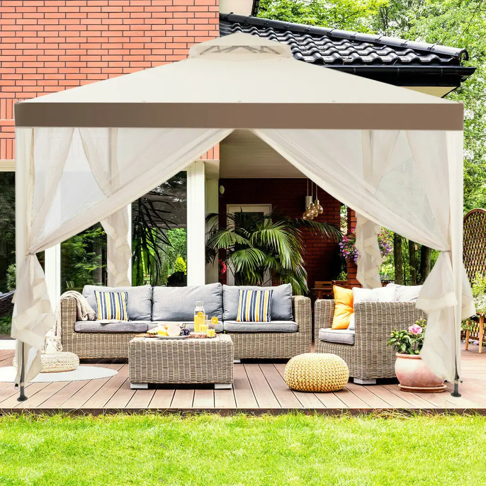 Canopy Gazebo Tent Shelter Garden Lawn Patio with Mosquito Netting-Beige - Beige - Gazebos