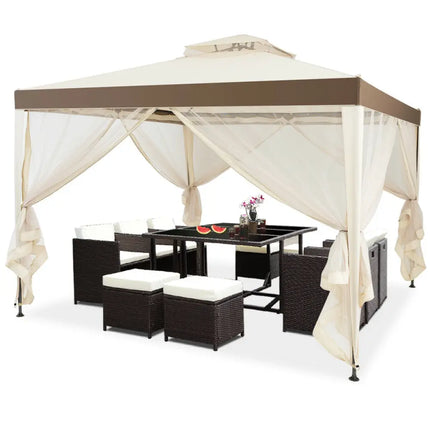 Canopy Gazebo Tent Shelter Garden Lawn Patio with Mosquito Netting-Beige - Beige - Gazebos