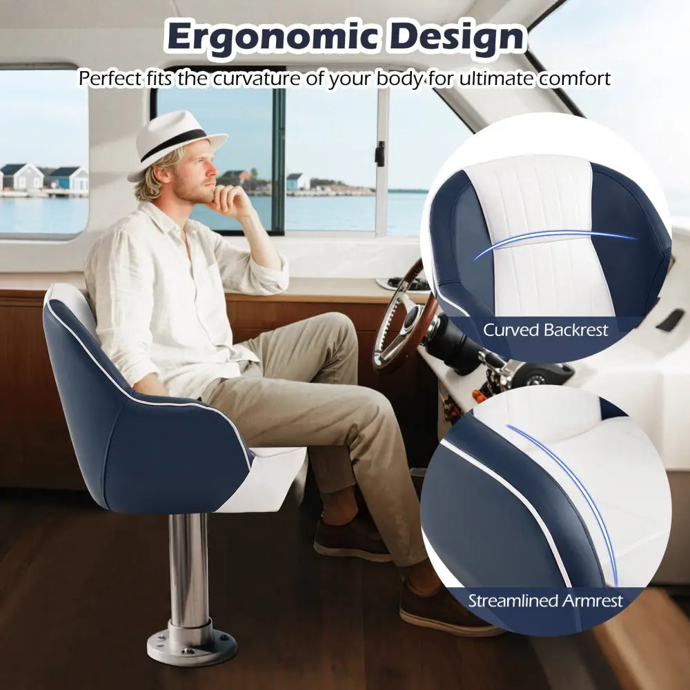 Captain Bucket Seat Pontoon Boat Chair with PVC Leather and Armrests-Blue - Blue - Water Sports