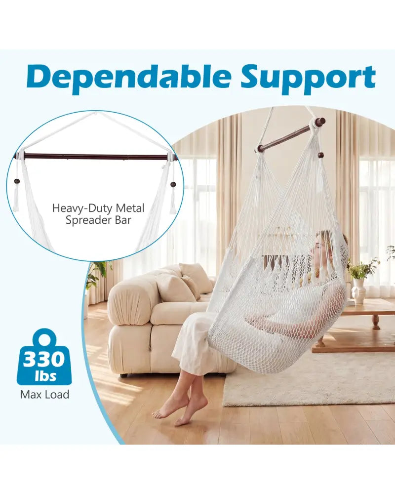 Caribbean Hammock Chair with Metal Spreader Bar Woven Rope Swing-Beige - Beige - Hammocks