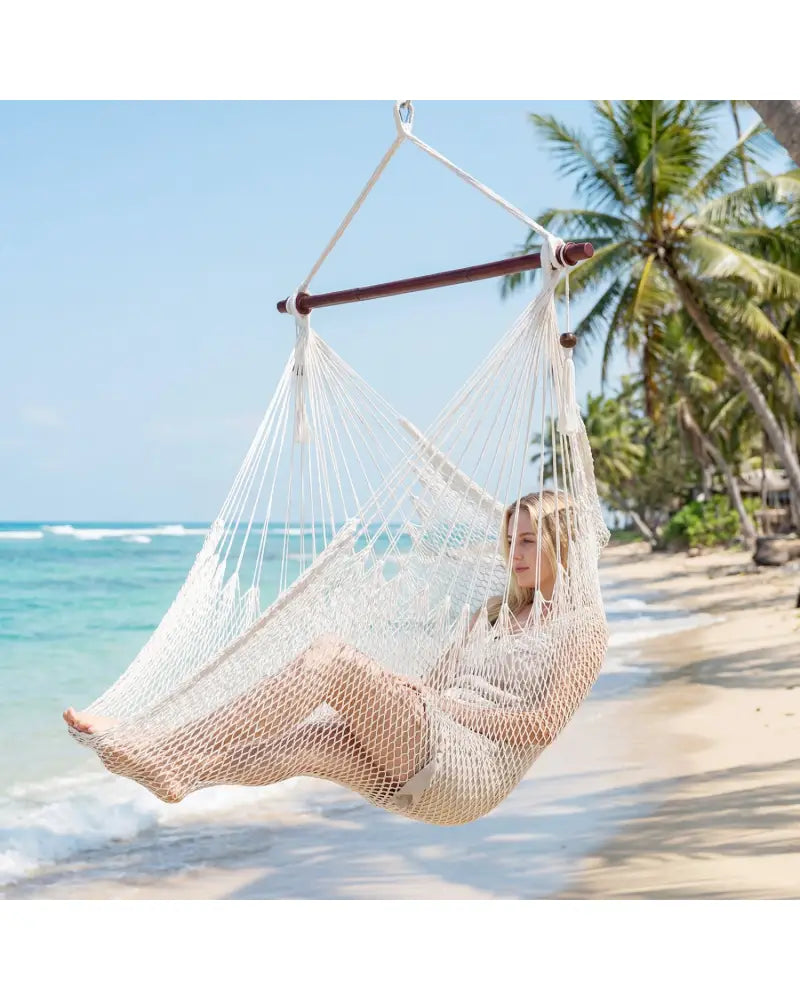 Caribbean Hammock Chair with Metal Spreader Bar Woven Rope Swing-Beige - Beige - Hammocks