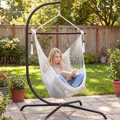 Caribbean Hammock Chair with Metal Spreader Bar Woven Rope Swing-Beige - Beige - Hammocks