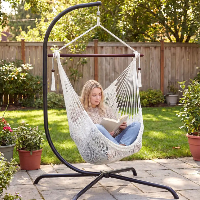 Caribbean Hammock Chair with Metal Spreader Bar Woven Rope Swing-Beige - Beige - Hammocks