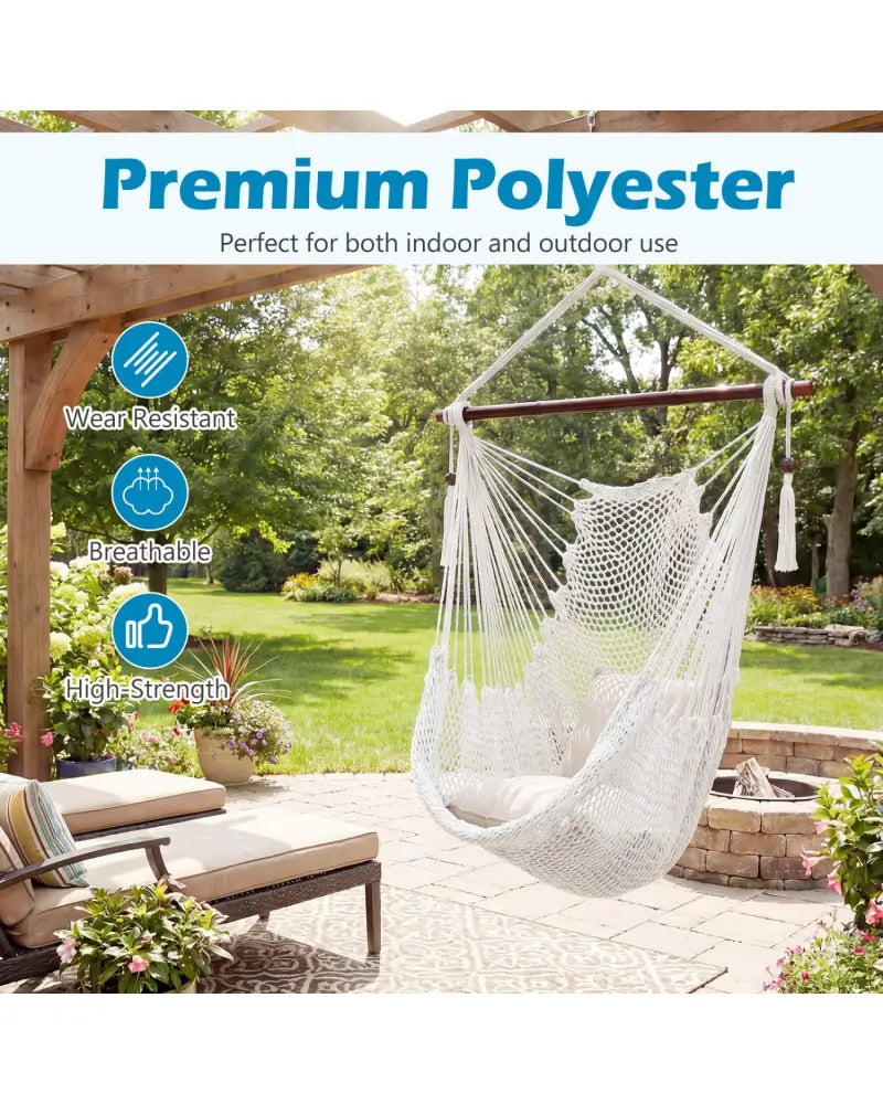 Caribbean Hammock Chair with Metal Spreader Bar Woven Rope Swing-Beige - Beige - Hammocks