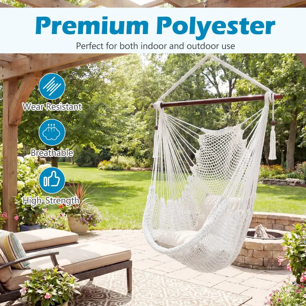 Caribbean Hammock Chair with Metal Spreader Bar Woven Rope Swing-Beige - Beige - Hammocks