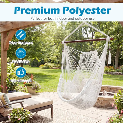 Caribbean Hammock Chair with Metal Spreader Bar Woven Rope Swing-Beige - Beige - Hammocks