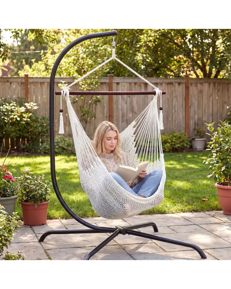 Caribbean Hammock Chair with Metal Spreader Bar Woven Rope Swing-Beige - Beige - Hammocks