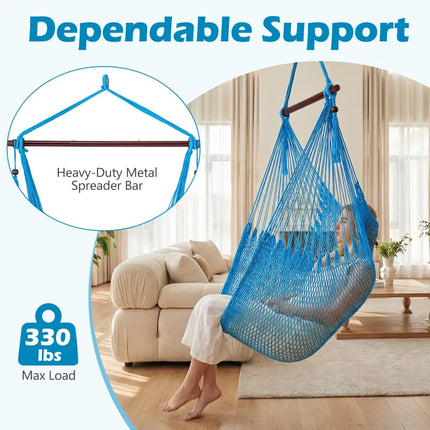 Caribbean Hammock Chair with Metal Spreader Bar Woven Rope Swing-Blue - Blue - Hammocks