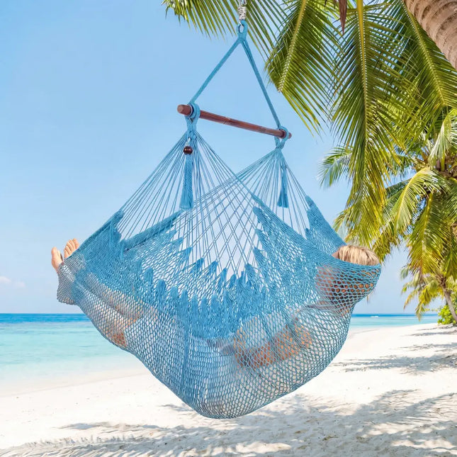 Caribbean Hammock Chair with Metal Spreader Bar Woven Rope Swing-Blue - Blue - Hammocks
