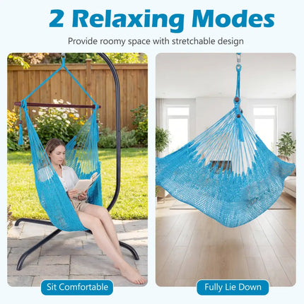 Caribbean Hammock Chair with Metal Spreader Bar Woven Rope Swing-Blue - Blue - Hammocks