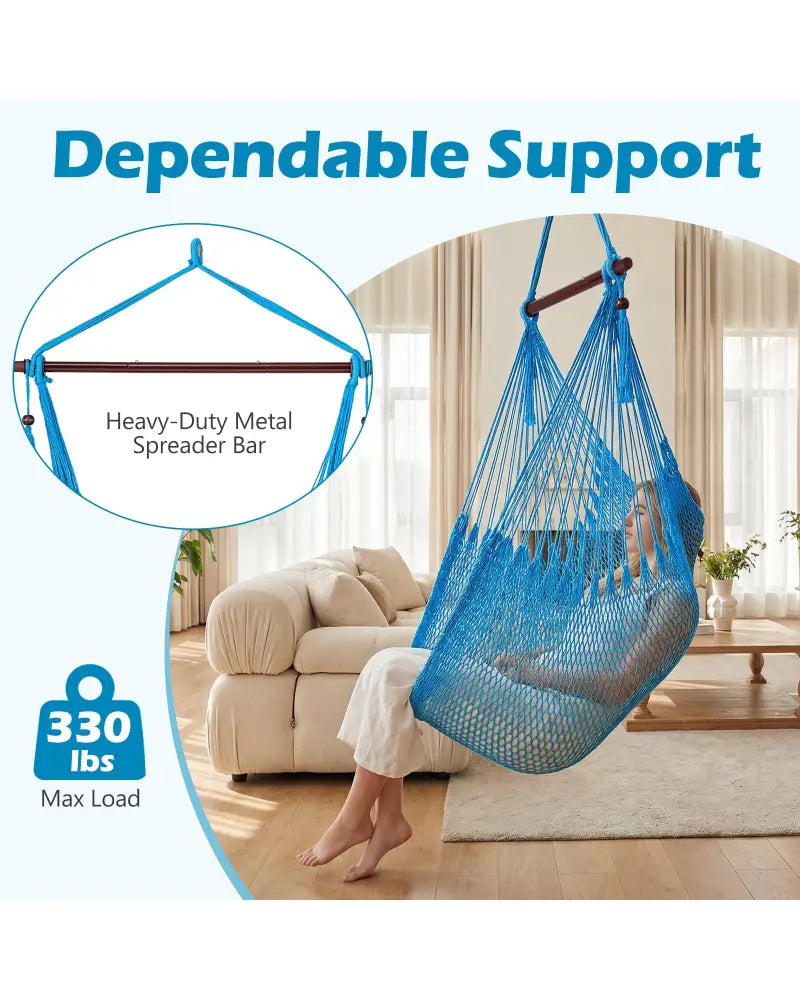 Caribbean Hammock Chair with Metal Spreader Bar Woven Rope Swing-Blue - Blue - Hammocks