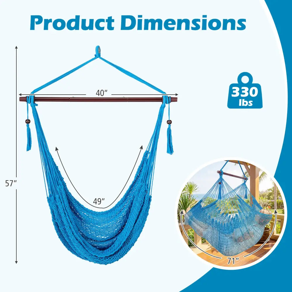 Caribbean Hammock Chair with Metal Spreader Bar Woven Rope Swing-Blue - Blue - Hammocks