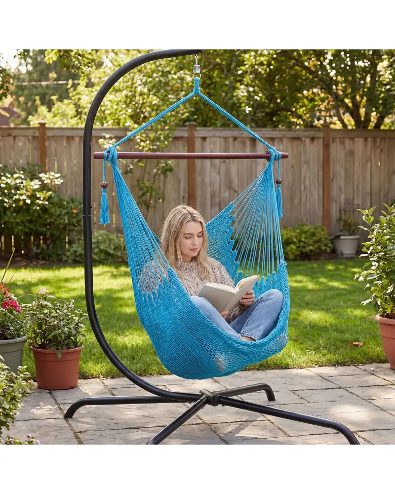 Caribbean Hammock Chair with Metal Spreader Bar Woven Rope Swing-Blue - Blue - Hammocks