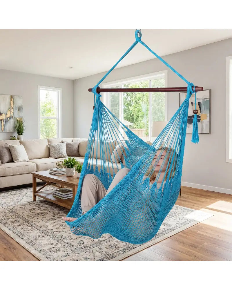 Caribbean Hammock Chair with Metal Spreader Bar Woven Rope Swing-Blue - Blue - Hammocks